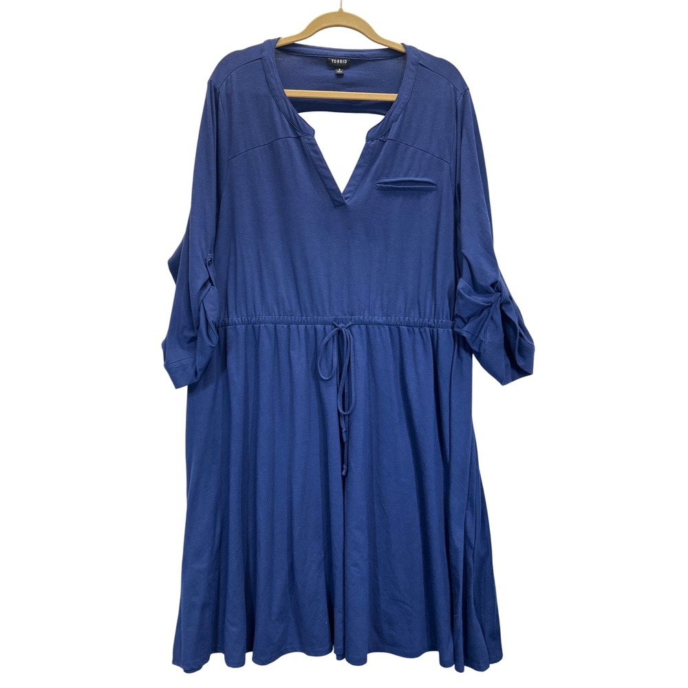 Torrid Dress Womes Plus Size 3 Blue V Neck Cut Out Back Roll Tab Sleeve